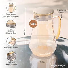 Kuber Industries Premium 1.4 LTR Glass Jug with Stainless Steel Lid and Handle | Leakproof Pitcher for Water, Cold Brew, Tea, Iced Coffee, Lemonade | Heat Resistant | Housewarming Gift | Orange