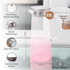 Kuber Industries Premium 970ml Glass Jug with Stainless Steel Lid and Handle | Leakproof Pitcher for Water, Cold Brew, Tea, Iced Coffee, Lemonade | Heat Resistant | Housewarming Gift | Pink
