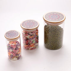 Kuber Industries Borosilicate Glass Jar with Printed Bamboo Lid | Multi-utility | Leakproof | Airtight Jar for Cookies, Snacks, Tea, Coffee, Sugar |Pack of 3 (300ml, 600ml, 1000ml)