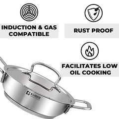 Kuber Industries Stainless Steel Kadhai with lid & Casserole I Tri-ply Kadai Induction Base I Kadai 1.6 litres & Casserole 2 Litre Capacity I Extra Deep I Riveted Handles