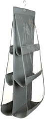 Kuber Industries Dust Proof Hanging Handbag Purse Clutch Organizer with 6 Large Compartments & Hanger (Grey), Cotton
