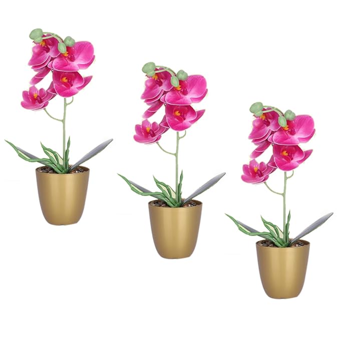 Kuber Industries Artificial Plants for Home D?cor|Natural Looking Indoor Fake Plants with Pot|Artificial Flowers for Decoration-Pack of 3 (Pink)