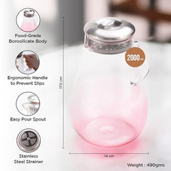 Urbane Home Premium 2 LTR Glass Jug with Stainless Steel Lid and Handle | Leakproof Pitcher for Water, Cold Brew, Tea, Iced Coffee, Lemonade | Heat Resistant | Housewarming Gift | Transparent