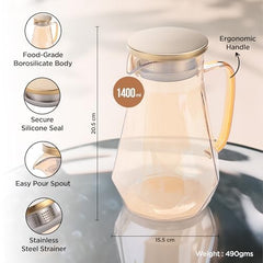 Kuber Industries Premium 1.4 LTR Glass Jug with Stainless Steel Lid and Handle | Leakproof Pitcher for Water, Cold Brew, Tea, Iced Coffee, Lemonade | Heat Resistant | Housewarming Gift | Orange