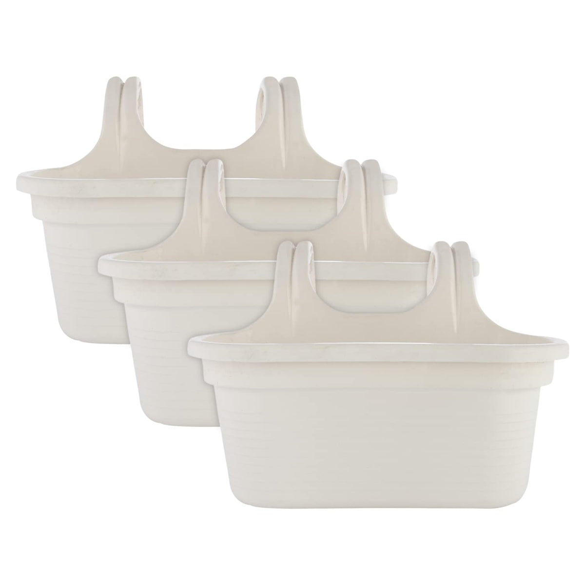 Kuber Industries Hanging Flower Pot|Double Hook Plant Container|Durable Plastic Glossy Finish Pots for Home|Balcony|Garden|12 Inch|Pack of 3 (White)