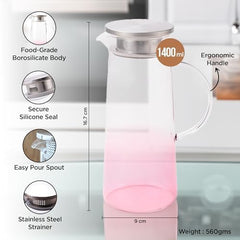 Heart Home Premium 1.4 LTR Glass Jug with Stainless Steel Lid and Handle | Leakproof Pitcher for Water, Cold Brew, Tea, Iced Coffee, Lemonade | Heat Resistant | Housewarming Gift | Pink