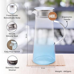 Kuber Industries Premium 1.4 LTR Glass Jug with Stainless Steel Lid and Handle | Leakproof Pitcher for Water, Cold Brew, Tea, Iced Coffee, Lemonade | Heat Resistant | Housewarming Gift | Blue