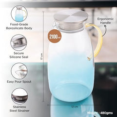 Kuber Industries Premium 2.1 LTR Glass Jug with Stainless Steel Lid and Handle | Leakproof Pitcher for Water, Cold Brew, Tea, Iced Coffee, Lemonade | Heat Resistant | Housewarming Gift | Transparent