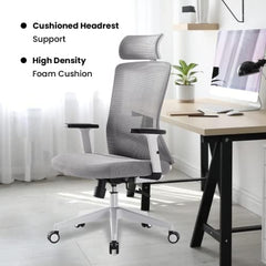 Kuber Industries Ergonomic Office Chairs for Work From Home | Comes with Manual Height Adjustable, Armrest, Headrest & 2D Lumbar Support | Comfy Study Chair for Students with Wheels | Grey | 1528A-GRY