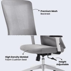 Kuber Industries Ergonomic Office Chairs for Work From Home | Comes with Manual Height Adjustable, Armrest, Headrest & 2D Lumbar Support | Comfy Study Chair for Students with Wheels | Grey | 1528A-GRY