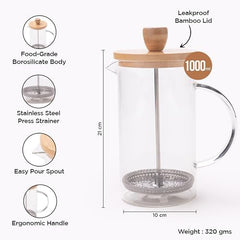 Homestic Premium 1L Glass Jug with Bamboo Lid | Leakproof Pitcher for Water Juice Iced Coffee Brew | Heat Resistant | Housewarming Gifts | Transparent Serviceware - 1 Pack