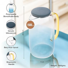 Kuber Industries Premium 1.5 LTR Glass Jug with Silicone Lid and Handle | Leakproof Pitcher for Water, Cold Brew, Tea, Iced Coffee, Lemonade | Heat Resistant | Housewarming Gift | Transparent