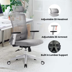 Kuber Industries Ergonomic Office Chairs for Work From Home | Comes with Manual Height Adjustable, Armrest, Headrest & 2D Lumbar Support | Comfy Study Chair for Students with Wheels | Grey | 1528A-GRY