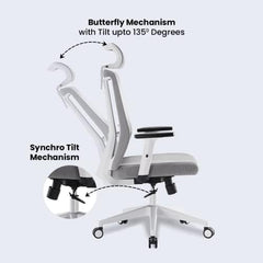 Kuber Industries Ergonomic Office Chairs for Work From Home | Comes with Manual Height Adjustable, Armrest, Headrest & 2D Lumbar Support | Comfy Study Chair for Students with Wheels | Grey | 1528A-GRY