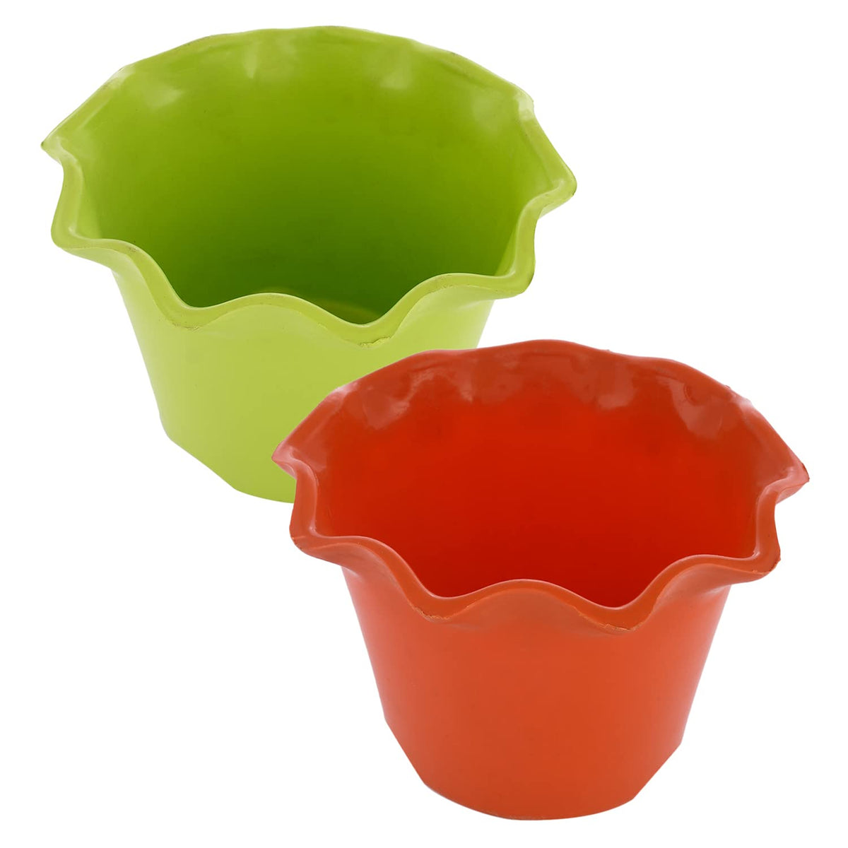 Kuber Industries Blossom Flower Pot|Durable Plastic Flower Pot|Gamla with Drain Holes for Home D cor|Balcony|Garden|8 Inch|Pack of 2 (Orange & Green)