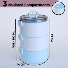 Kuber Industries Pack of 3 Insulated Lunch Box with 3 Compartments|100% BPA Free, Food Grade ABS Plastic|Leakproof & Spill Proof|Dishwasher & Microwave Safe Lunch Box|3000 ML|HX0035097|Blue