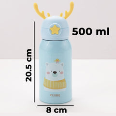 Kuber Industries Water Bottle for Kids|Stainless Steel Flask with Straw, Cup & Fabric Cover|Sipper Bottle for Kids|Food Grade Plastic Lid|Broad Fabric Strap|Leak Proof, BPA Free|500 ml (Pack Of 3)
