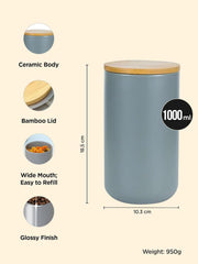 Kuber Industries 1000ml Ceramic Jar for Kitchen Storage | Air Tight Container Set with Bamboo Lid | Kitchen Container for Snacks, Tea, Sugar | Multipurpose Organizer | Grey | Pack of 2