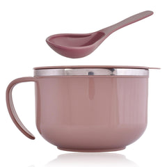 Heart Home Noodle & Soup Bowl Set | Steel Noodle Bowl with Spoon | Airtight Bowl for Pasta-Rice | Food Container | Office Bowl | Kitchen Bowl Set | 600 ML | Brown