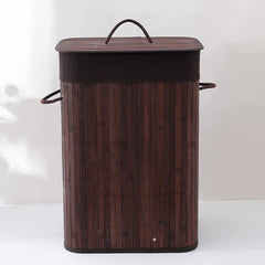 Kuber Industries Bamboo Basket With Lid|Foldable Laundry Basket For Clothes|Durable Rope Handles & Removable Bag|Dark Brown