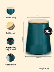 Urbane Home Ceramic Jar with Bamboo Lid | Kitchen Organizer Items and Storage | Multipurpose Airtight Container for Sugar,Salt,Snacks,Tea,Coffee|Kitchen Accessories Items| 700ml Teal (Pack of 2)