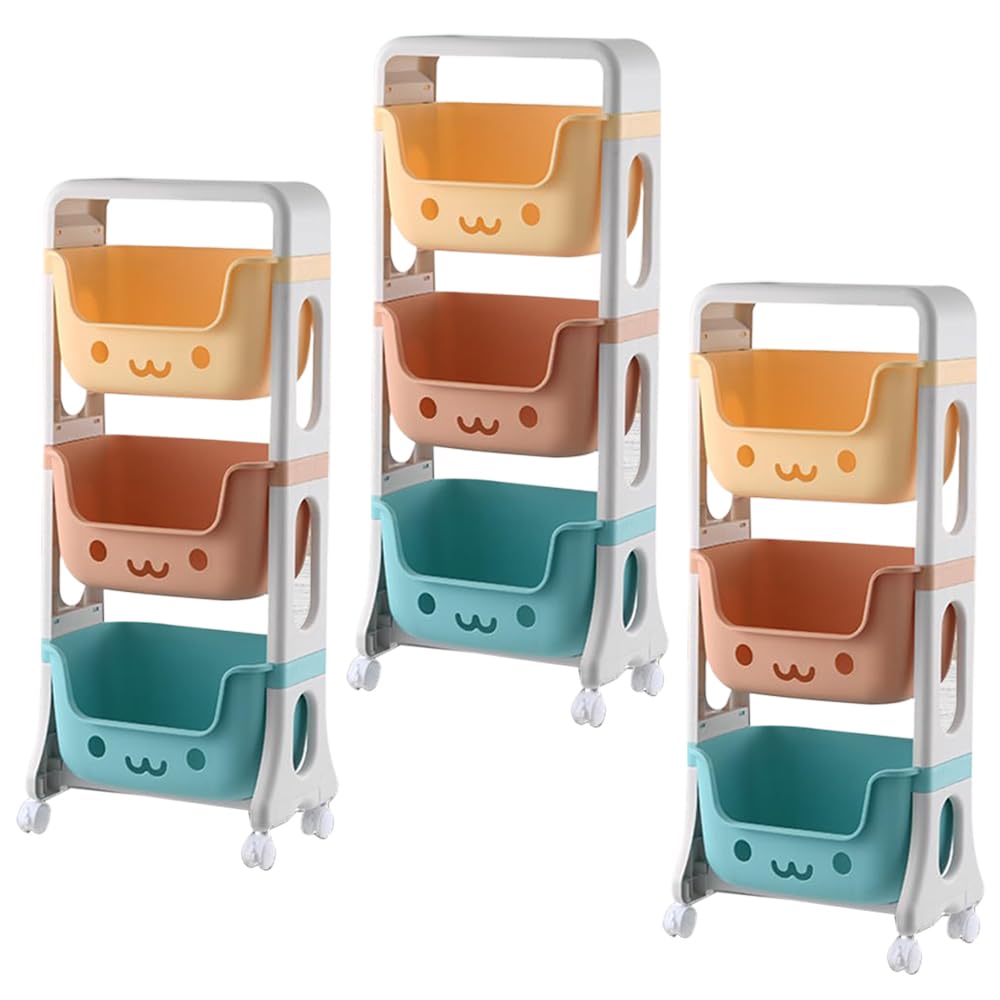 Kuber Industries 3 Layer Smiley Design Children's Storage Rack|Kids Toy Storage Organizer|3-Layer Rolling Cart|Pack of 3|Multicolor|