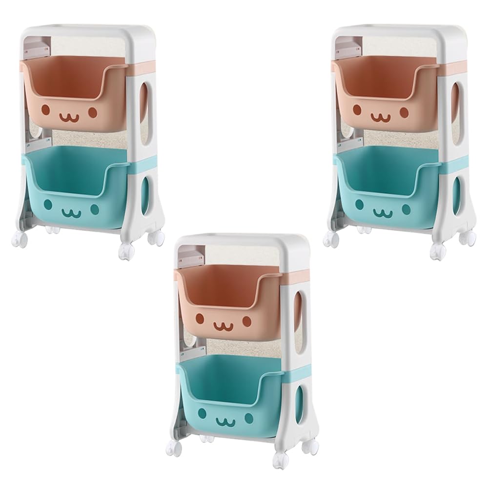 Kuber Industries 2 Layer Smiley Design Children's Storage Rack|Kids Toy Storage Organizer|2-Layer Rolling Cart|Pack of 3|Multicolor|