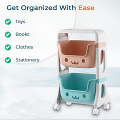 Kuber Industries 2 Layer Smiley Design Children's Storage Rack|Kids Toy Storage Organizer|2-Layer Rolling Cart|Pack of 4|Multicolor|