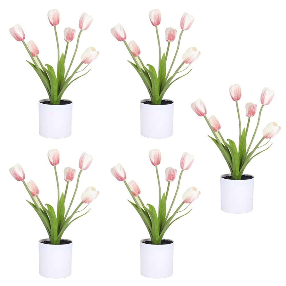 Kuber Industries Artificial Plants for Home D?cor|Natural Looking Indoor Fake Plants with Pot|Artificial Flowers for Decoration-Pack of 5 (Pink)