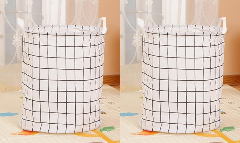 Kuber Industries Foldable Storage Basket|Round Toy Storage Bin|Side Grab Handle|Wardrobe, Closet Organizer (White) (Pack Of 2)