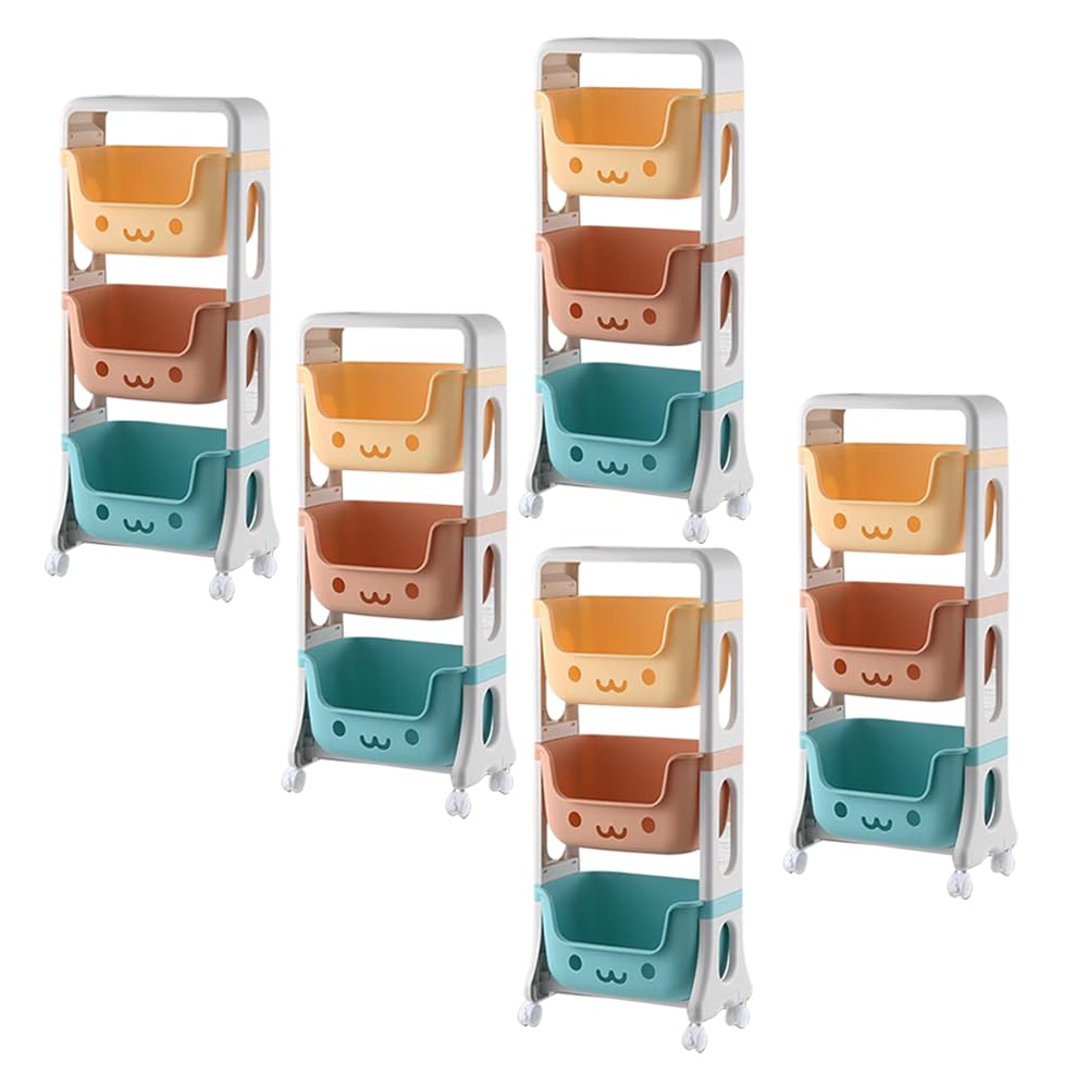 Kuber Industries 3 Layer Smiley Design Children's Storage Rack|Kids Toy Storage Organizer|3-Layer Rolling Cart|Pack of 5|Multicolor|