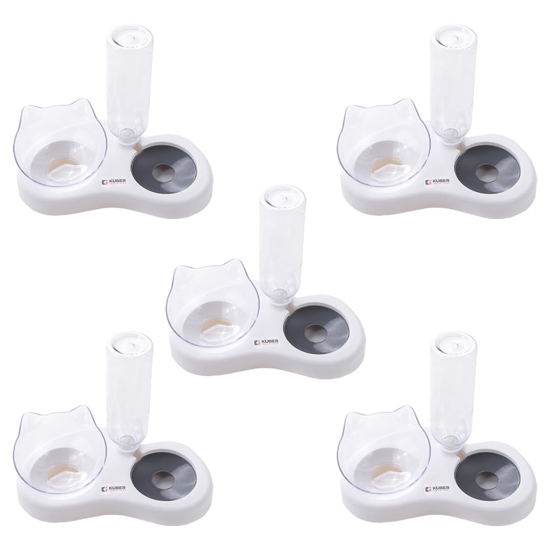 Kuber Industries Animal Feeding Plastic 2 in 1 Pet Bowls | Cat & Dog Bowl | Small/Medium Size Pet Feeding Bowl | Non-Toxic & 100% Safe for Pets (Pack of 5) | Grey