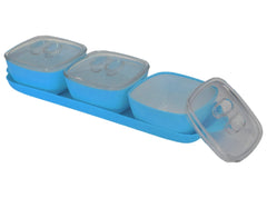 Heart Home Food Grade Microwave Safe Plastic 1 Tray & 3 Bowls Set with Silicon Rubberized Ring Lid (Blue)-50HH01372