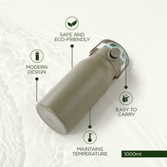 Kuber Industries Insulated Stainless Steel Bottle 1 Litre with Sipper Lid-Double Wall | Leak Proof |Rust Proof|Keeps Drinks Hot/Cold for 6-12 Hours|Flip Up Handle|Easy to Carry (Pack of 40, Green)