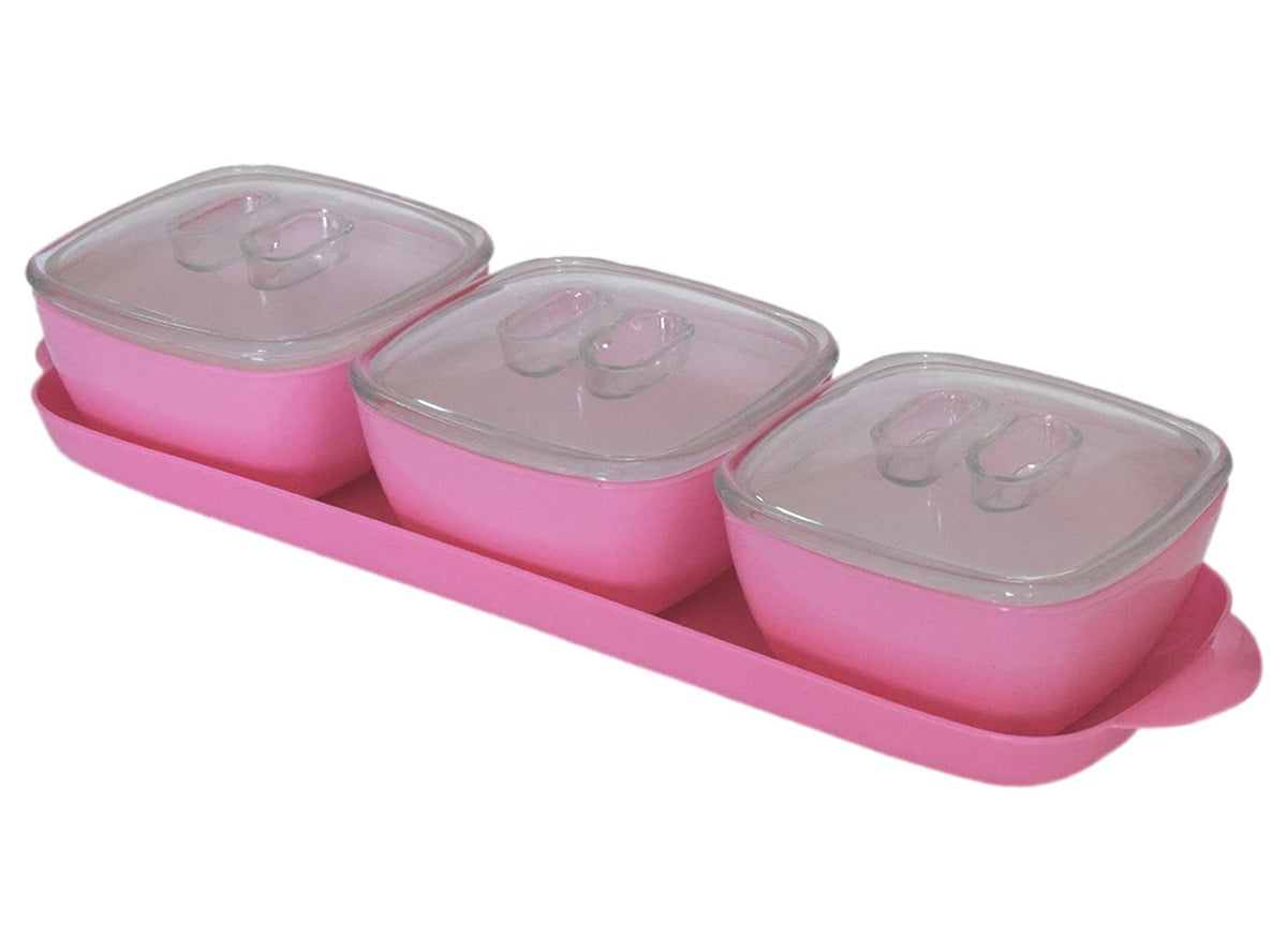 Heart Home Food Grade Microwave Safe Plastic 1 Tray & 3 Bowls Set with Silicon Rubberized Ring Lid (Pink)-50HH01374