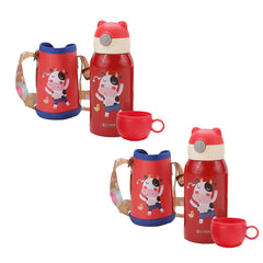 Kuber Industries Water Bottle for Kids | Mooh Design Stainless Steel Flask with Straw, Cup & Fabric Cover | Food Grade Plastic Lid | Broad Fabric Strap | Leak Proof, BPA Free | 500 ml (Pack of 2)