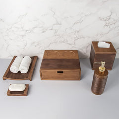Kuber Industries Premium 5 Pcs Poly Resin Bathroom Accessories Set - Soap Dispenser (300ml), Soap Dish, Towel Tray, Tissue Box & Amenity Box | Moisture-Resistant, Non-Fragile, Scratch-Proof | Brown