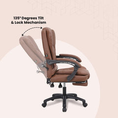 Kuber Industries Leather Office Chairs for Work From Home | Comes with Manual Height Adjustable, Armrest, Headrest & Lumbar Support | Comfy Chair for Students with Wheels & Footrest | Brown | 808M-BRN