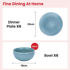 Heart Home 12 Pcs Ceramic Dinner Set | Dishwasher & Microwave Safe | Crockery Set for Dining & Gifting | 6 Pcs Dinner Plates & 6 Pcs Bowl | Blue