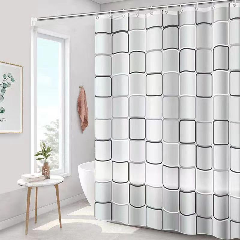 Kuber Industries 7 Feet PEVA Shower Curtain I Black and White Checked Print I 180 X 220cm I 12 Pcs Hooks Included I Quick Dry I Waterproof I Easy-Slide Curtains I Bath Decor I Multicolour