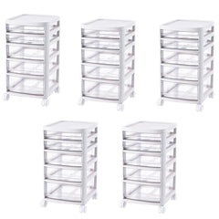 Kuber Industries 5 Layer Cosmetic Cabinet with Trolley|5-Tier Rolling Cart|Shelf Stand With Drawer|Pack of 5|White