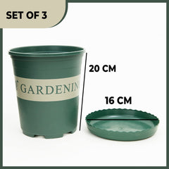 Kuber Industries Plastic Plant Pot|Indoor & Outdoor Plant Pot with Tray|Durable & Lightweight|Water Drainage Holes |Plastic Flower Pot for Patio, Garden|Home|Office|Medium|JL-2020|Set of 3|Green
