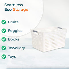 Kuber Industries Large Hollow Storage Basket With Handle|Kitchen & Home Organizer For Wardrobe|Tray For Toys, Fruits, Books-Pack of 4 (White)