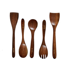 Kuber Industries Sheesham Handicrafts Wooden Serving and Cooking Spoons | No Harmful Polish | Naturally Non-Stick | Wood Brown Spoons Kitchen Utensil | Handmade Spatula Set of 5 (Pack of 2)