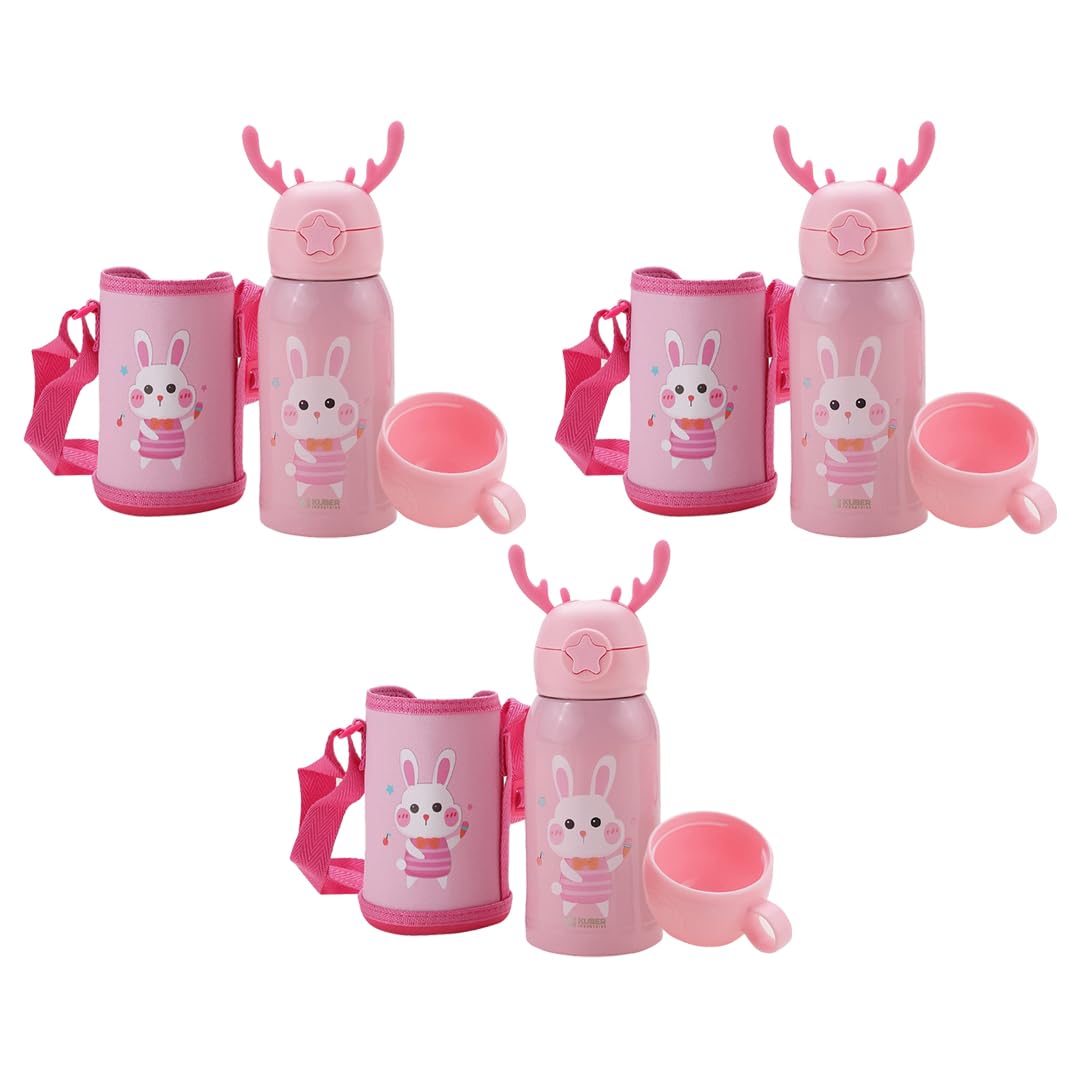 Kuber Industries Water Bottle for Kids|Stainless Steel Flask with Straw, Cup & Fabric Cover|Sipper Bottle for Kids|Food Grade Plastic Lid|Broad Fabric Strap|Leak Proof, BPA Free|500 ml (Pack Of 3)