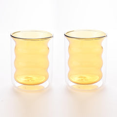 Urbane Home 2 Pcs Waved Shape Glasses | Double Walled Borosilicate Glass | High Thermal Resistance | Microwave & Dishwasher Safe | 200 ML | Pack of 1 | Yellow