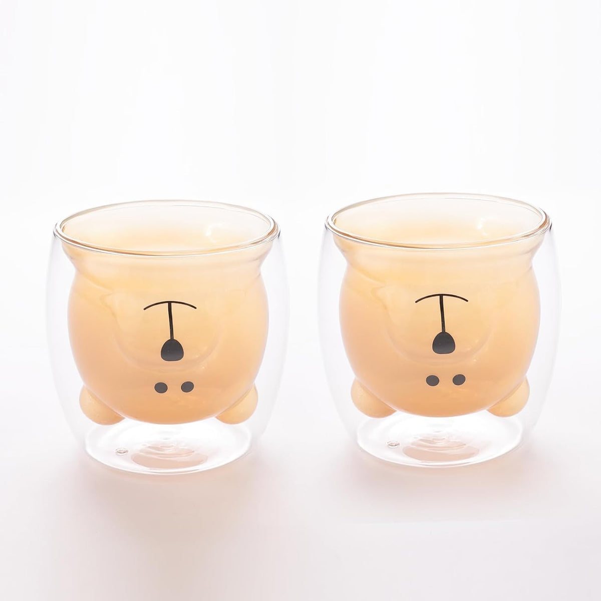 Kuber Industries Pack of 2 Cute Teddy Bear Cups | Heat Resistant |Borosilicate Double Wall Glass Cups | Scratch Proof | 250 ML | Amber
