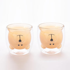 Kuber Industries Pack of 2 Cute Teddy Bear Cups | Heat Resistant |Borosilicate Double Wall Glass Cups | Scratch Proof | 250 ML | Amber