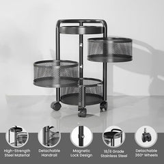 Kuber Industries 3-Layer Kitchen Trolley | 360° Rotating Storage Rack | Round Storage Rack with Wheels | Fruit and Vegetable Storage for Kitchen | Pack of 4 | (Black)