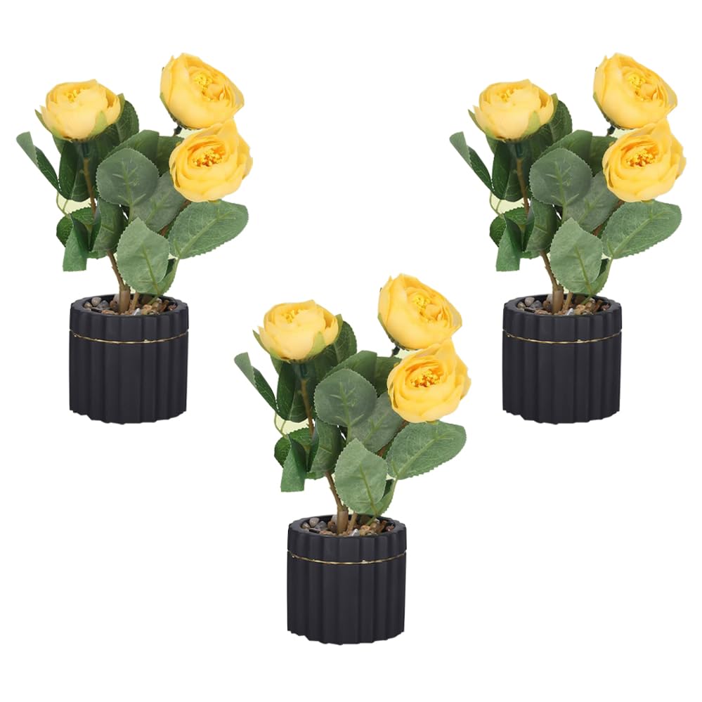Kuber Industries Artificial Plants for Home Décor|Natural Looking Indoor Fake Plants with Pot|Artificial Flowers for Decoration-Pack of 3 (Yellow)